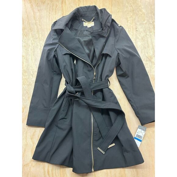 $240 New! Michael Kors Coat size XL Trench Jacket Hooded Belted Black Women’s